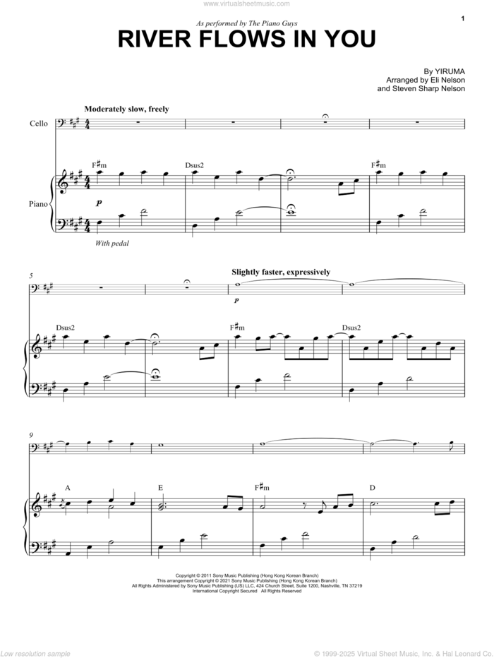 River Flows In You sheet music for cello and piano by The Piano Guys and Yiruma, intermediate skill level