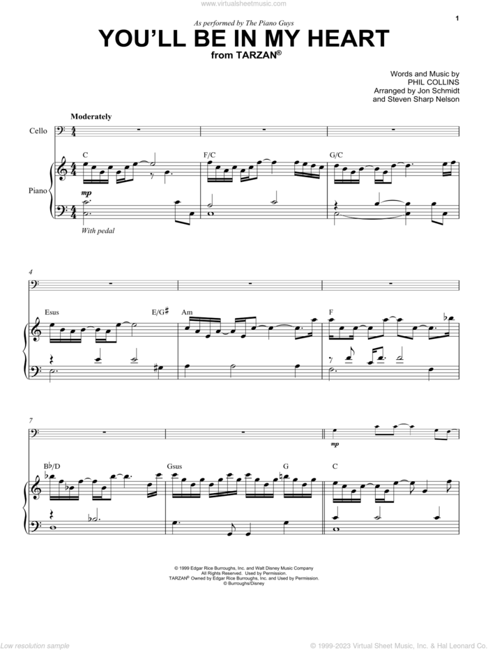 You'll Be In My Heart (from Tarzan) sheet music for cello and piano by The Piano Guys and Phil Collins, intermediate skill level