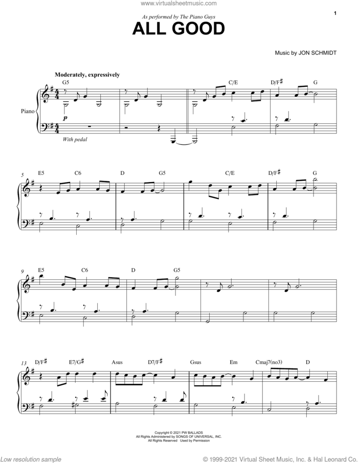All Good sheet music for piano solo by The Piano Guys and Jon Schmidt, intermediate skill level