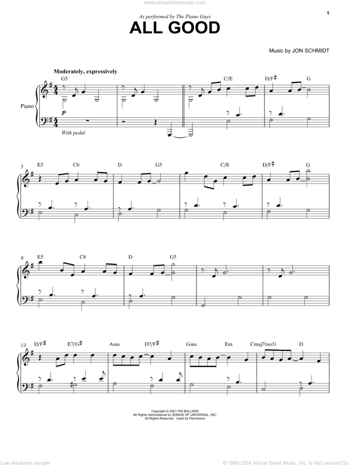 All Good sheet music for piano solo by The Piano Guys and Jon Schmidt, intermediate skill level