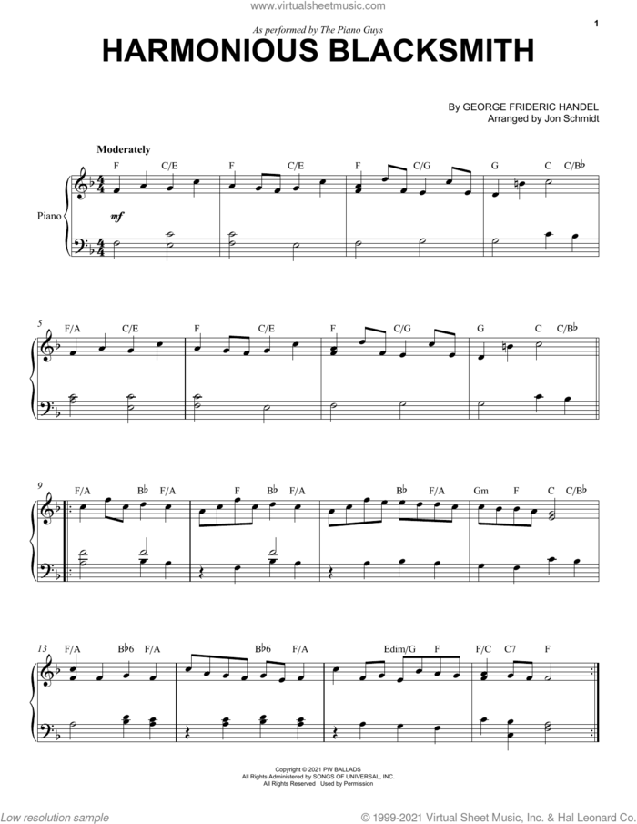 Harmonious Blacksmith sheet music for piano solo by The Piano Guys, George Frideric Handel and Jon Schmidt, intermediate skill level