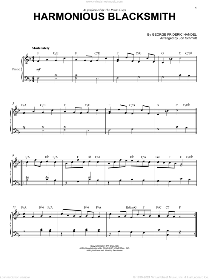 Harmonious Blacksmith sheet music for piano solo by The Piano Guys, George Frideric Handel and Jon Schmidt, intermediate skill level