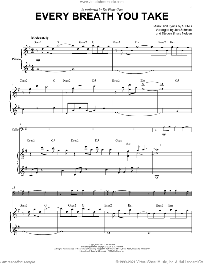 Every Breath You Take sheet music for cello and piano by The Piano Guys, The Police and Sting, intermediate skill level