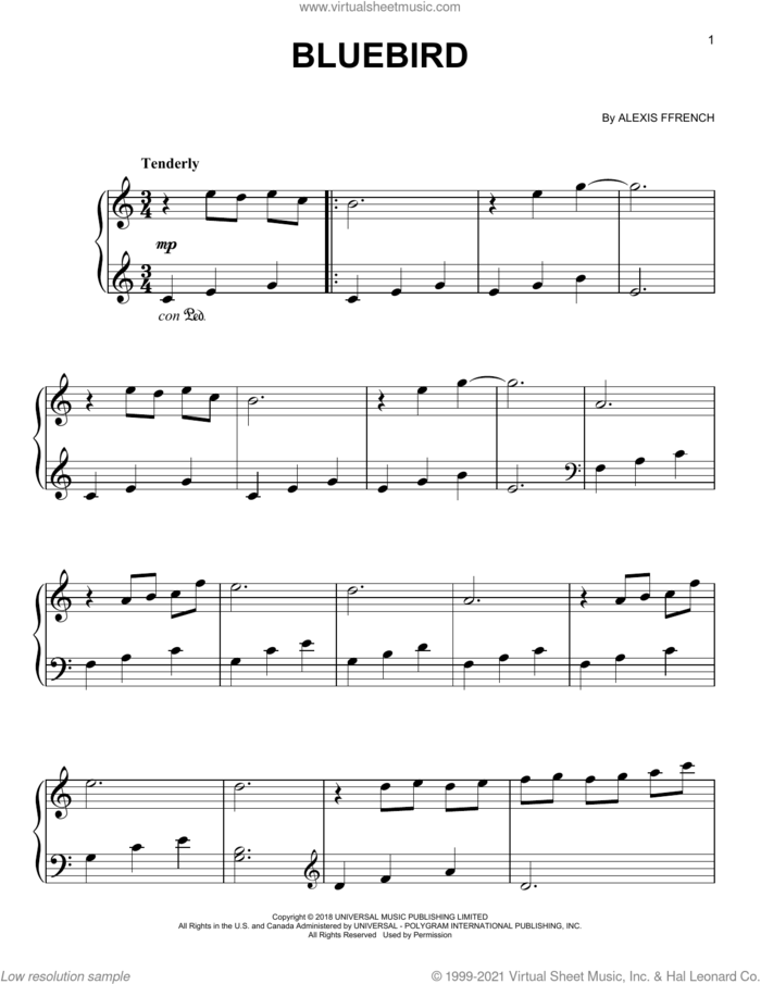 Bluebird, (easy) sheet music for piano solo by Alexis Ffrench, easy skill level