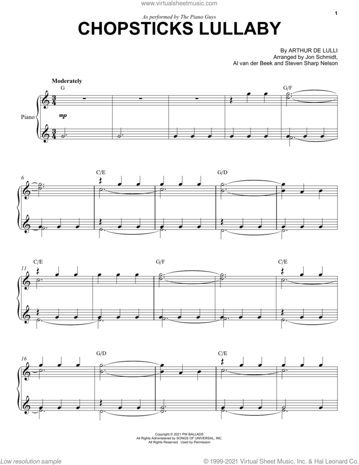 Chopsticks Lullaby sheet music for cello and piano by The Piano Guys, Jon Schmidt, Steven Sharp Nelson and Arthur de Lulli, classical score, intermediate skill level