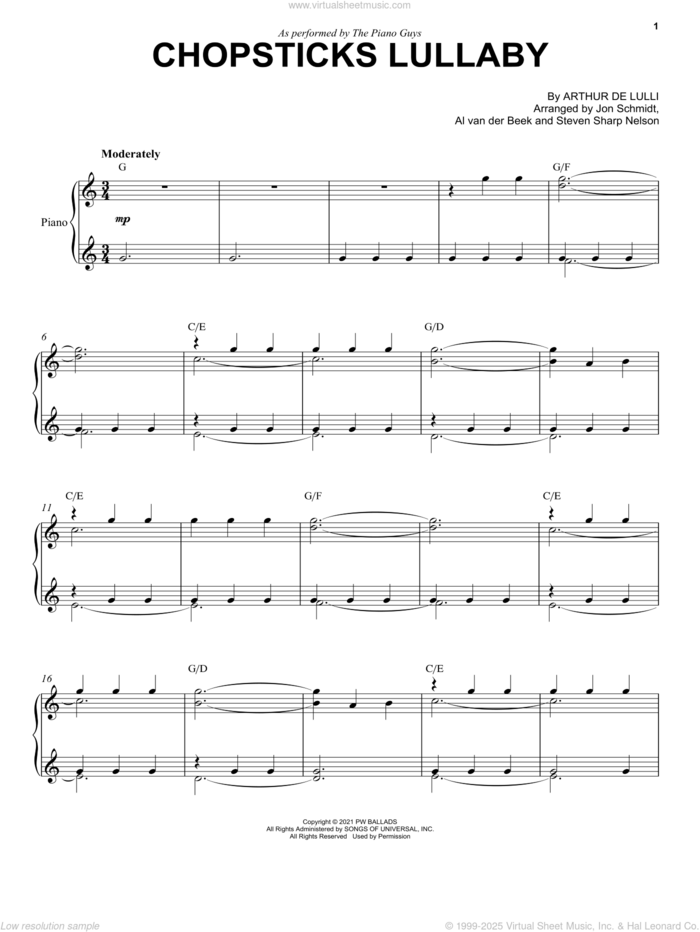 Chopsticks Lullaby sheet music for cello and piano by The Piano Guys, Jon Schmidt, Steven Sharp Nelson and Arthur de Lulli, classical score, intermediate skill level