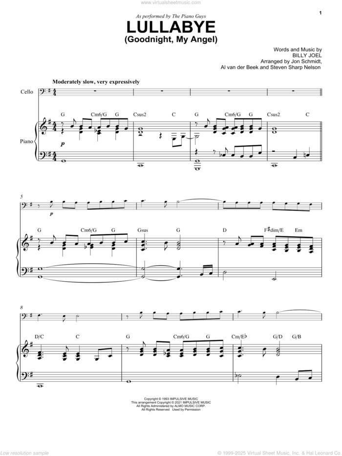 Lullabye (Goodnight, My Angel) sheet music for cello and piano by The Piano Guys and Billy Joel, intermediate skill level