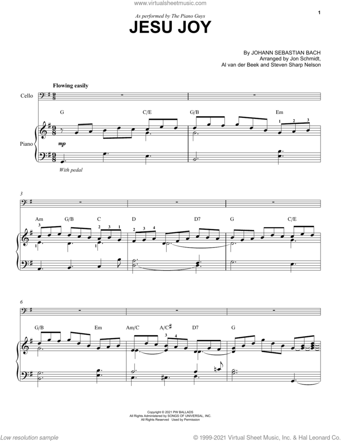 Jesu Joy sheet music for cello and piano by The Piano Guys, Al van der Beek, Johann Sebastian Bach, Jon Schmidt and Steven Sharp Nelson, classical score, intermediate skill level