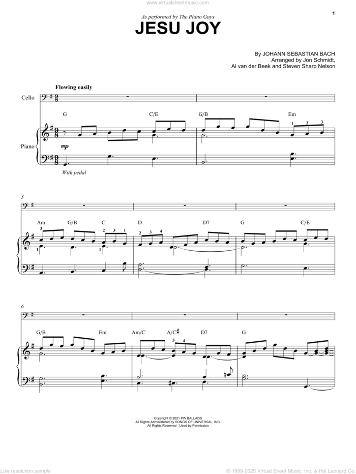 Jesu Joy sheet music for cello and piano by The Piano Guys, Al van der Beek, Johann Sebastian Bach, Jon Schmidt and Steven Sharp Nelson, classical score, intermediate skill level