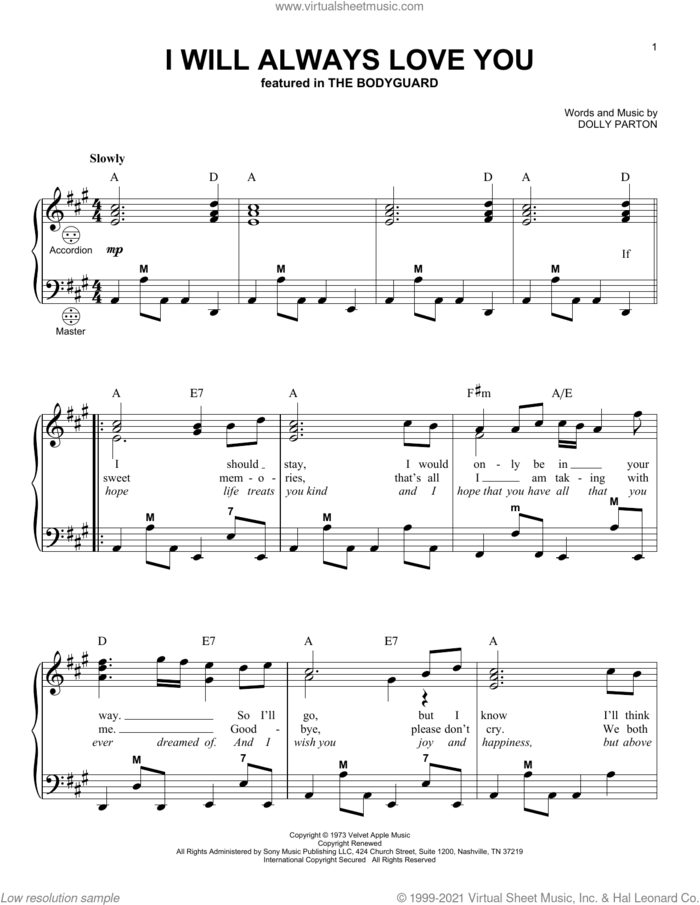 I Will Always Love You sheet music for accordion by Whitney Houston and Dolly Parton, wedding score, intermediate skill level