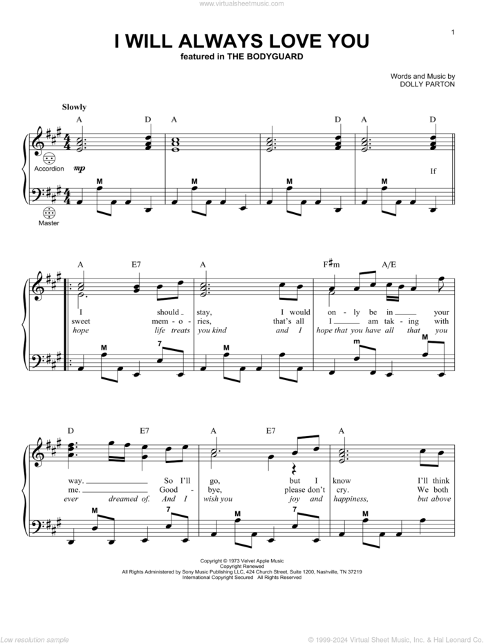 I Will Always Love You sheet music for accordion by Whitney Houston and Dolly Parton, wedding score, intermediate skill level