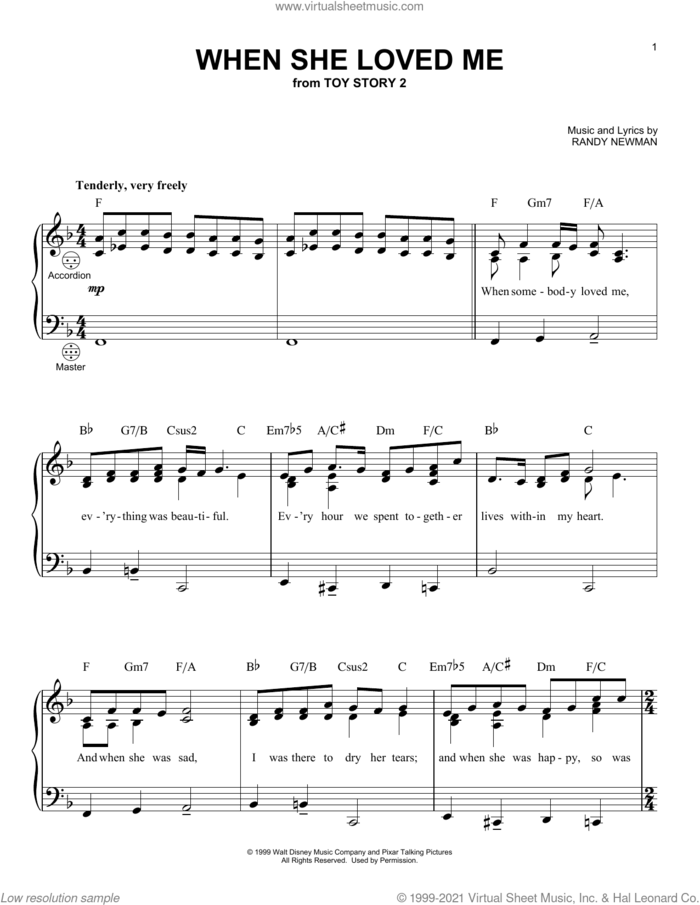 When She Loved Me (from Toy Story 2) sheet music for accordion by Sarah McLachlan and Randy Newman, intermediate skill level