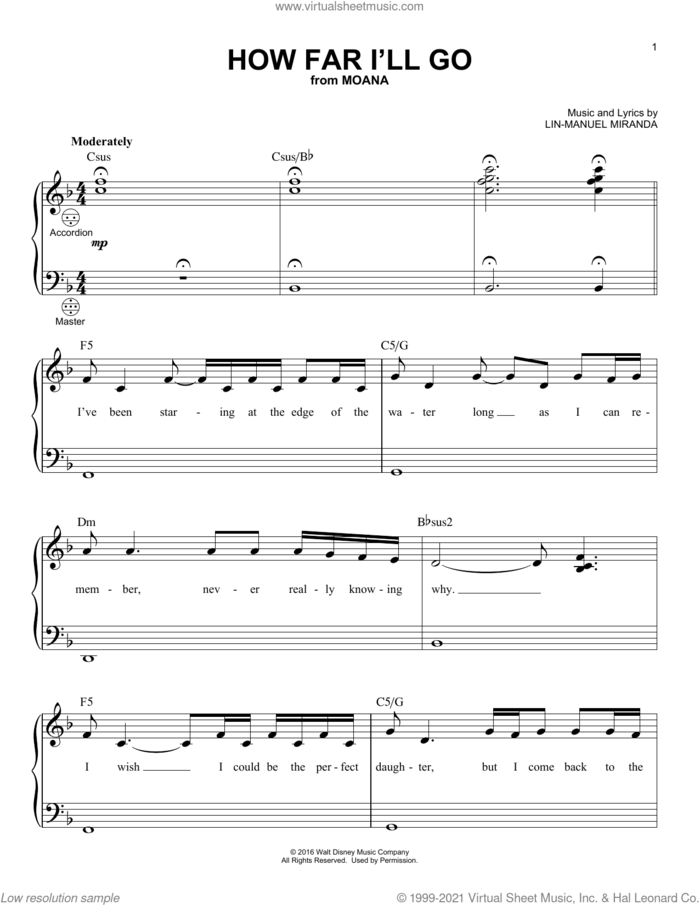 How Far I'll Go (from Moana) sheet music for accordion by Lin-Manuel Miranda, intermediate skill level