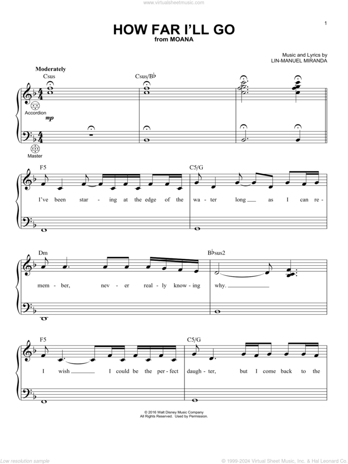 How Far I'll Go (from Moana) sheet music for accordion by Lin-Manuel Miranda, intermediate skill level