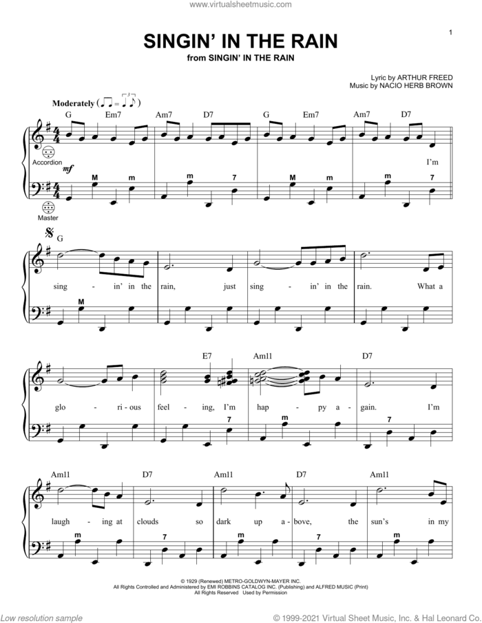 Singin' In The Rain sheet music for accordion by Gene Kelly, Arthur Freed and Nacio Herb Brown, intermediate skill level