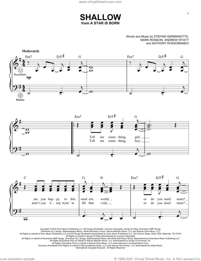 Shallow (from A Star Is Born) sheet music for accordion by Lady Gaga & Bradley Cooper, Andrew Wyatt, Anthony Rossomando, Lady Gaga and Mark Ronson, intermediate skill level
