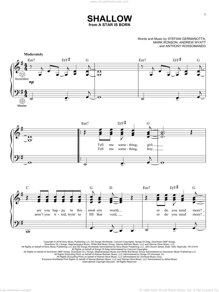 Shallow (from A Star Is Born) sheet music for accordion by Lady Gaga & Bradley Cooper, Andrew Wyatt, Anthony Rossomando, Lady Gaga and Mark Ronson, intermediate skill level