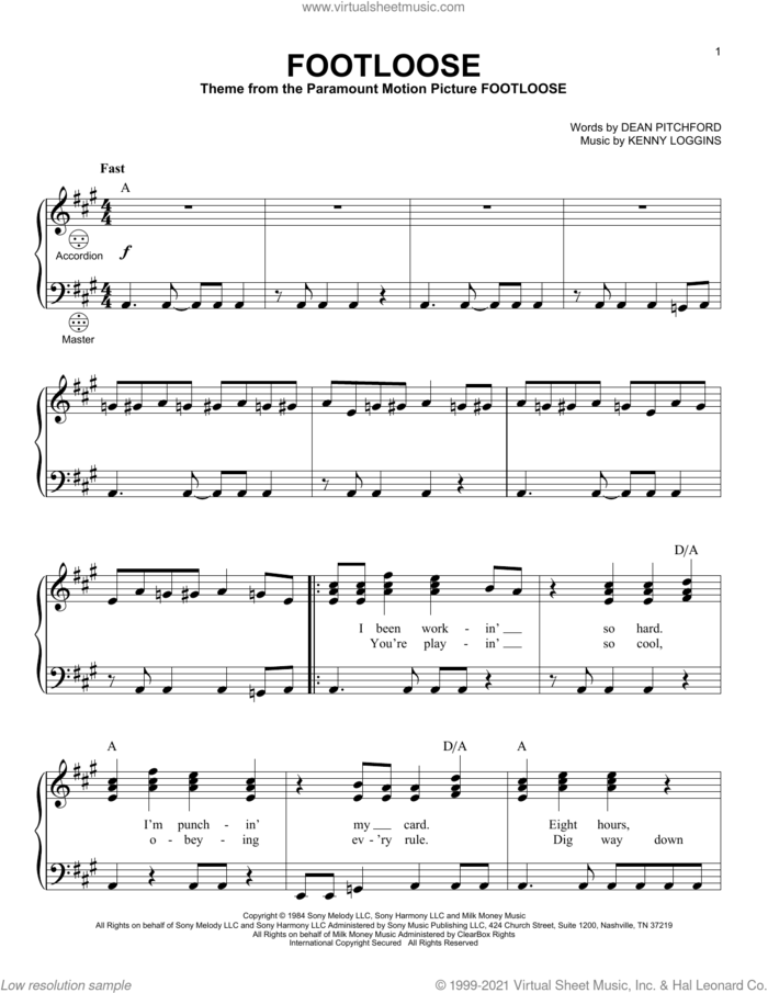 Footloose sheet music for accordion by Kenny Loggins and Dean Pitchford, intermediate skill level