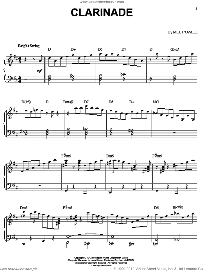 Clarinade sheet music for piano solo by Benny Goodman and Mel Powell, intermediate skill level