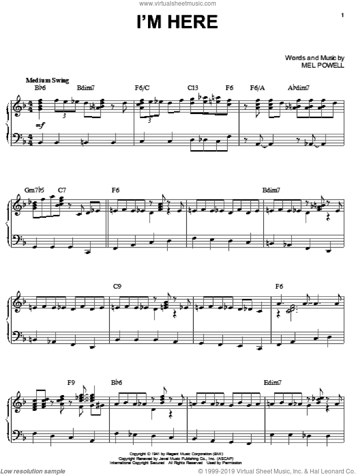 I'm Here sheet music for piano solo by Benny Goodman and Mel Powell, intermediate skill level