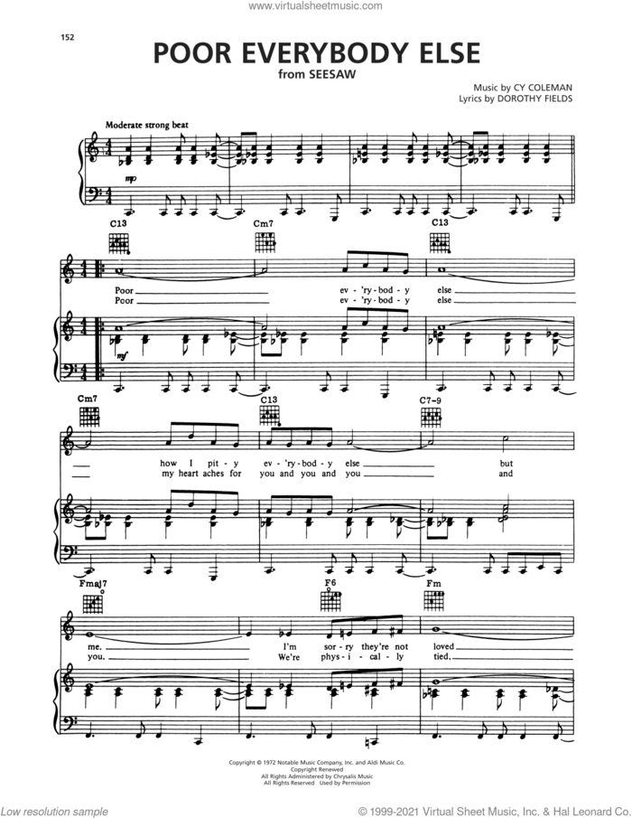 Poor Everybody Else (from Seesaw) sheet music for voice, piano or guitar by Cy Coleman, Cy Coleman and Dorothy Fields and Dorothy Fields, intermediate skill level