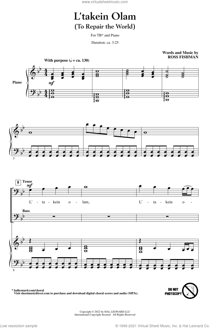 L'Takein Olam (To Repair The World) sheet music for choir (TB: tenor, bass) by Ross Fishman, intermediate skill level