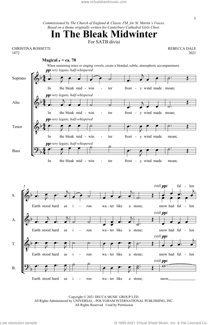 In The Bleak Midwinter sheet music for choir (SATB: soprano, alto, tenor, bass) by Rebecca Dale and Christina Rossetti, intermediate skill level