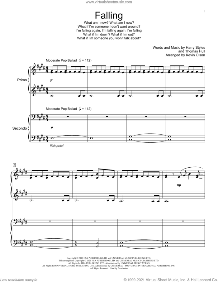 Falling (arr. Kevin Olson) sheet music for piano four hands by Harry Styles, Kevin Olson and Tom Hull, intermediate skill level
