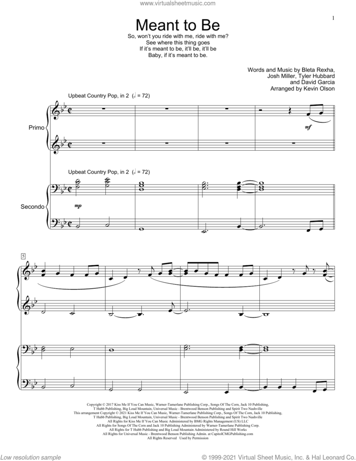 Meant To Be (feat. Florida Georgia Line) (arr. Kevin Olson) sheet music for piano four hands by Bebe Rexha, Kevin Olson, Bleta Rexha, David Garcia, Josh Miller and Tyler Hubbard, intermediate skill level