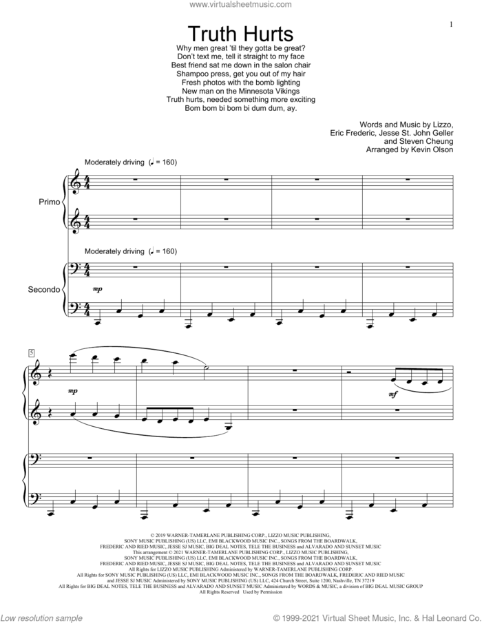 Truth Hurts (arr. Kevin Olson) sheet music for piano four hands by Lizzo, Kevin Olson, Eric Frederic, Jesse St. John Geller and Steven Cheung, intermediate skill level