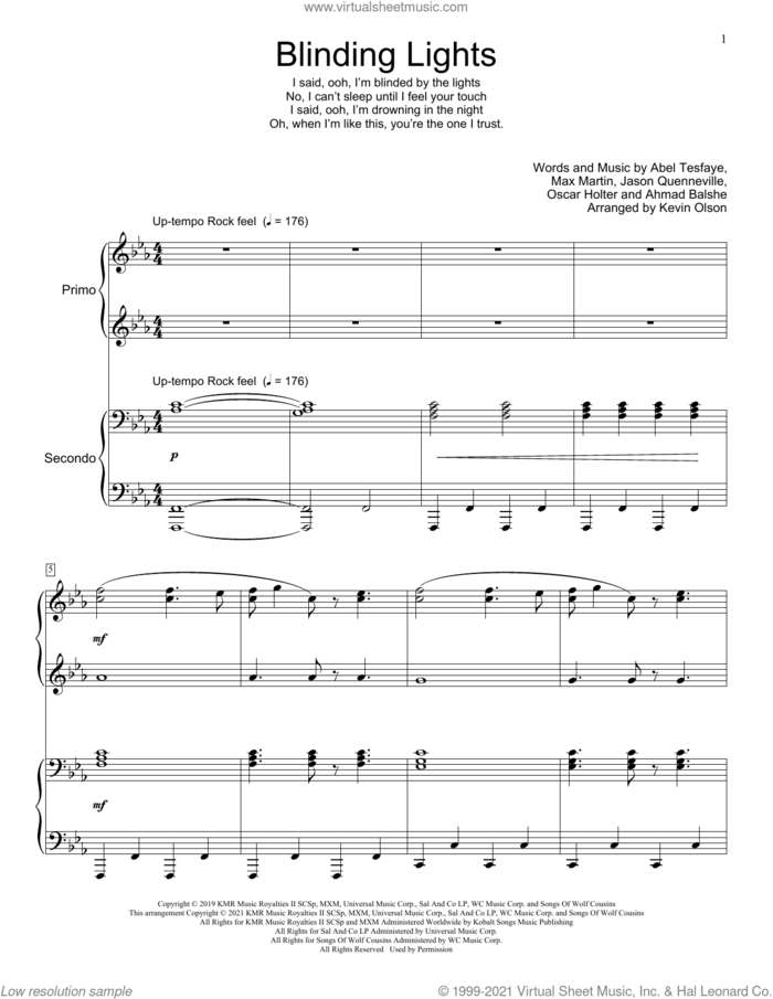 Blinding Lights (arr. Kevin Olson) sheet music for piano four hands by The Weeknd, Kevin Olson, Abel Tesfaye, Ahmad Balshe, Jason Quenneville, Max Martin and Oscar Holter, intermediate skill level