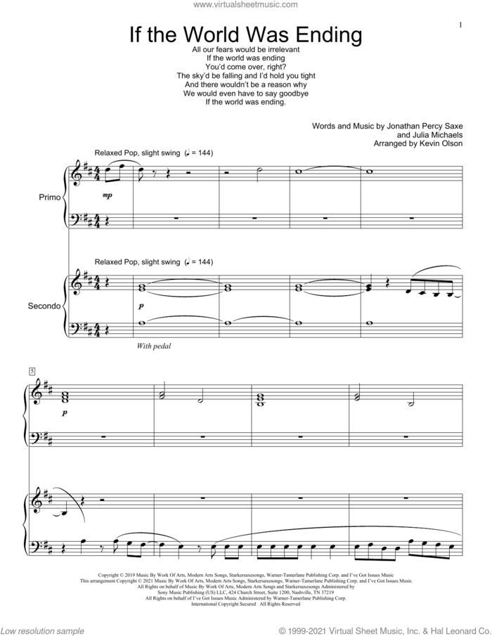 If The World Was Ending (feat. Julia Michaels) (arr. Kevin Olson) sheet music for piano four hands by JP Saxe, Kevin Olson, Jonathan Percy Saxe and Julia Michaels, intermediate skill level