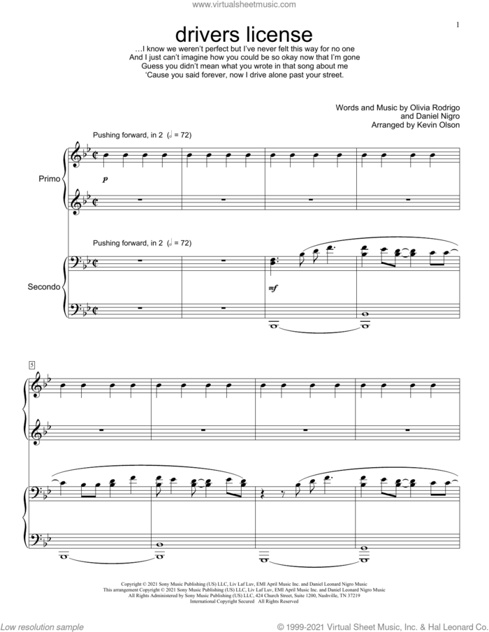 drivers license (arr. Kevin Olson) sheet music for piano four hands by Olivia Rodrigo, Kevin Olson and Daniel Nigro, intermediate skill level