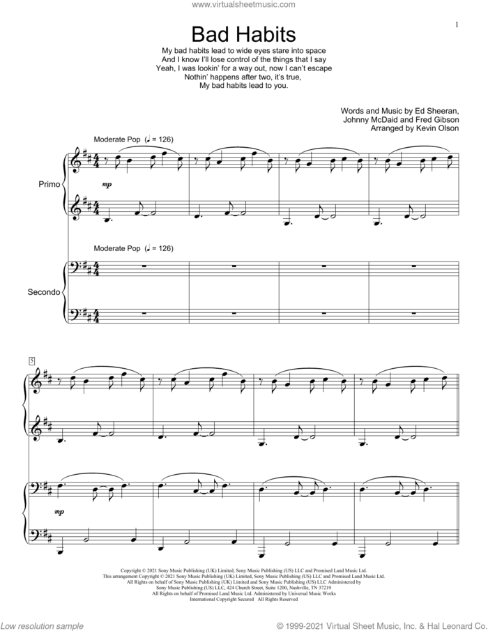 Bad Habits (arr. Kevin Olson) sheet music for piano four hands by Ed Sheeran, Kevin Olson, Fred Gibson and Johnny McDaid, intermediate skill level