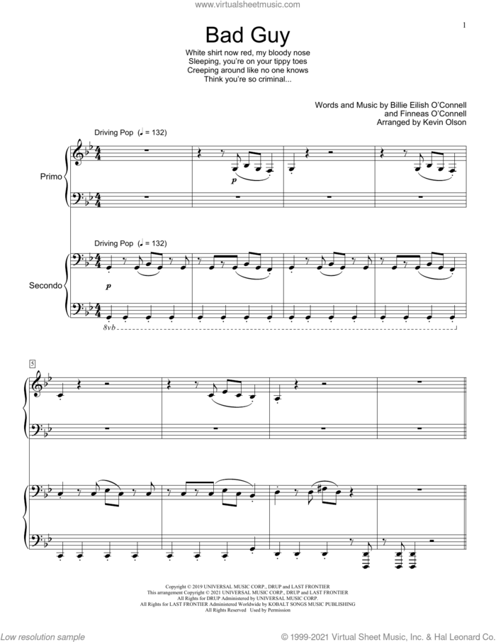 bad guy (arr. Kevin Olson) sheet music for piano four hands by Billie Eilish and Kevin Olson, intermediate skill level