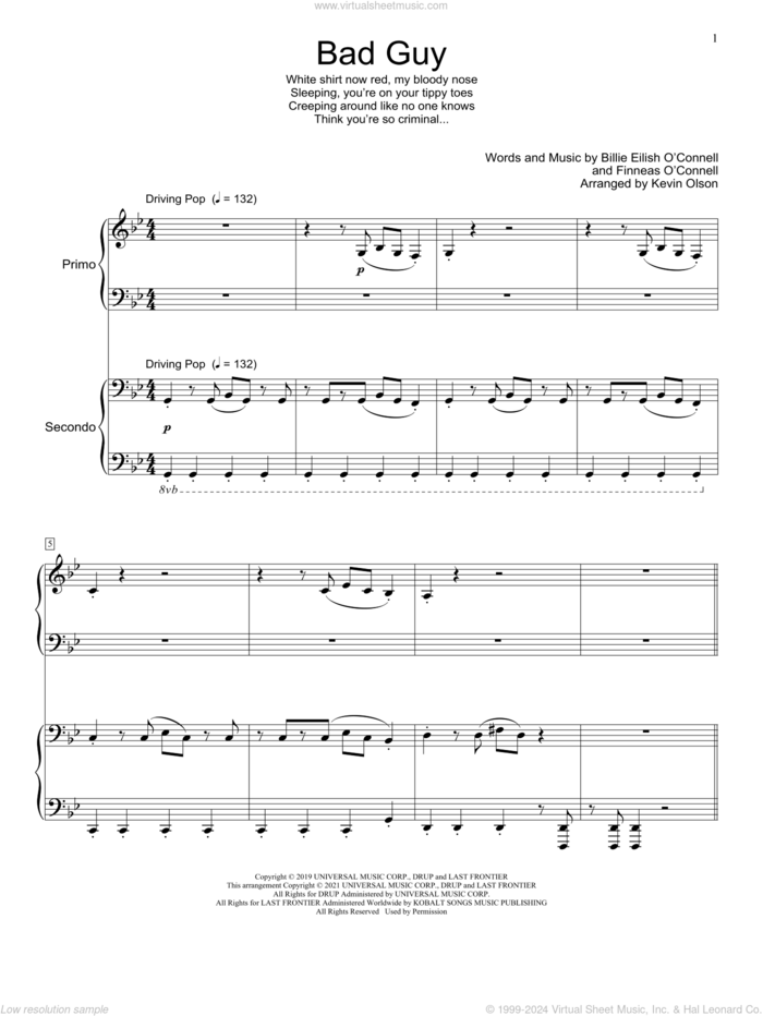 bad guy (arr. Kevin Olson) sheet music for piano four hands by Billie Eilish and Kevin Olson, intermediate skill level