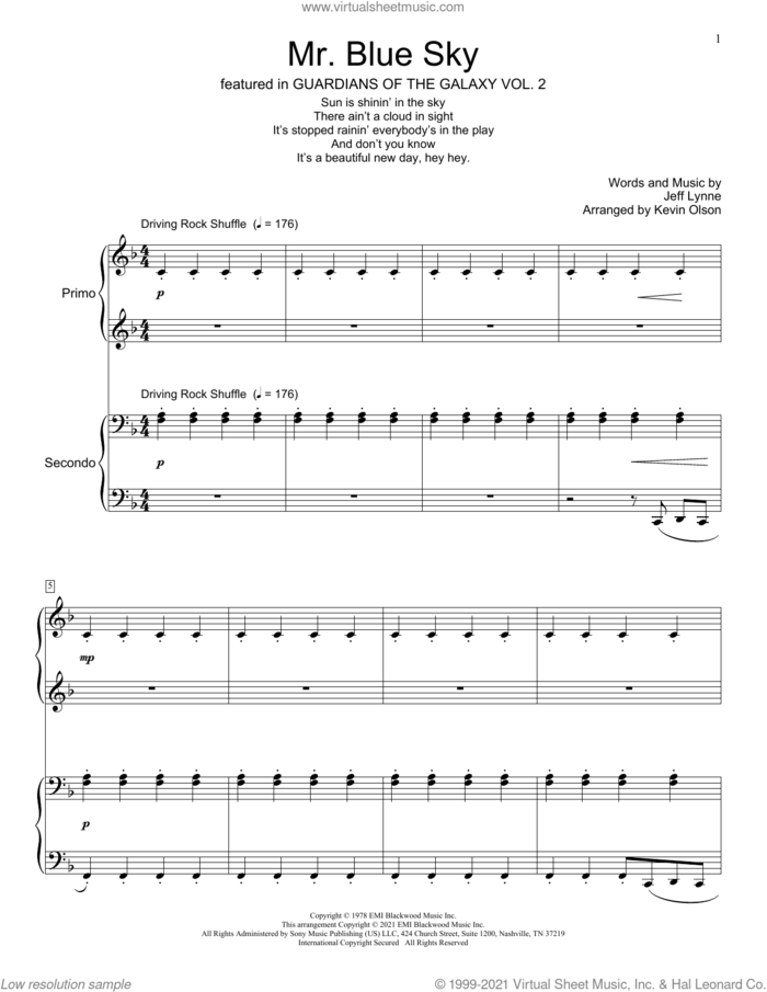 Mr. Blue Sky (arr. Kevin Olson) sheet music for piano four hands by Electric Light Orchestra, Kevin Olson and Jeff Lynne, intermediate skill level