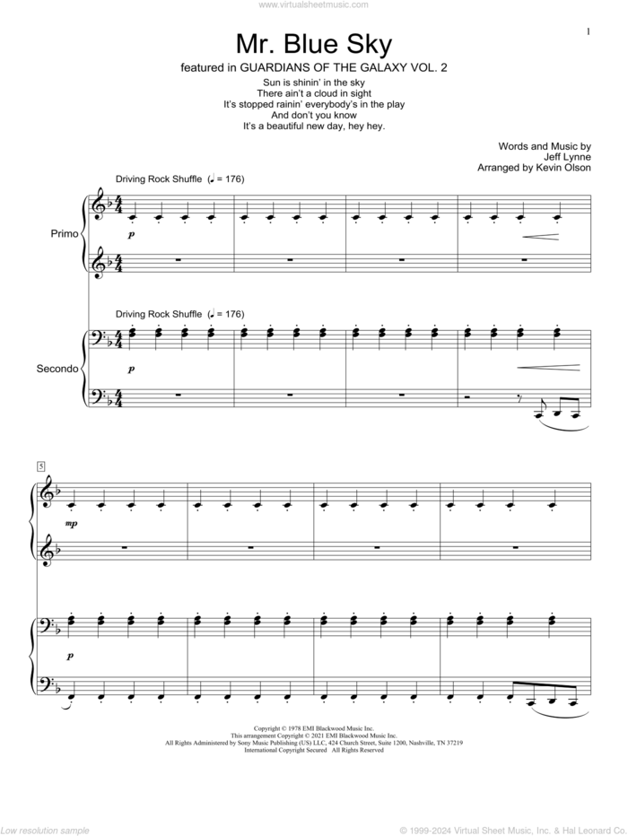 Mr. Blue Sky (arr. Kevin Olson) sheet music for piano four hands by Electric Light Orchestra, Kevin Olson and Jeff Lynne, intermediate skill level