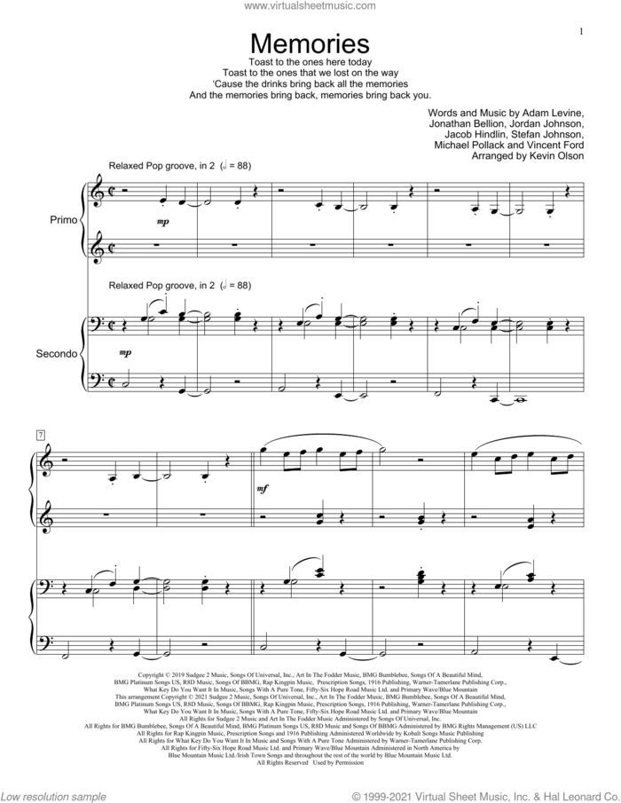 Memories (arr. Kevin Olson) sheet music for piano four hands by Maroon 5, Kevin Olson, Adam Levine, Jacob Hindlin, Jon Bellion, Michael Pollack, Stefan Johnson and Vincent Ford, intermediate skill level