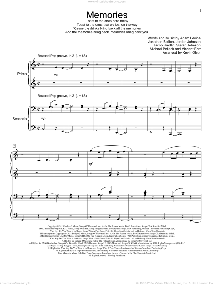 Memories (arr. Kevin Olson) sheet music for piano four hands by Maroon 5, Kevin Olson, Adam Levine, Jacob Hindlin, Jon Bellion, Michael Pollack, Stefan Johnson and Vincent Ford, intermediate skill level