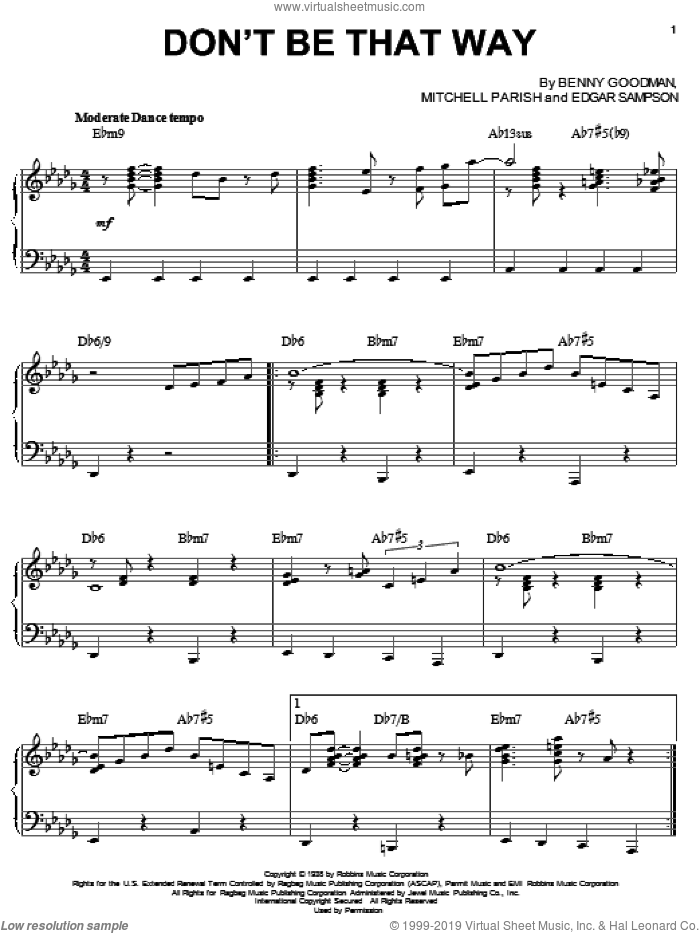 Don't Be That Way sheet music for piano solo by Benny Goodman, Edgar Sampson and Mitchell Parish, intermediate skill level