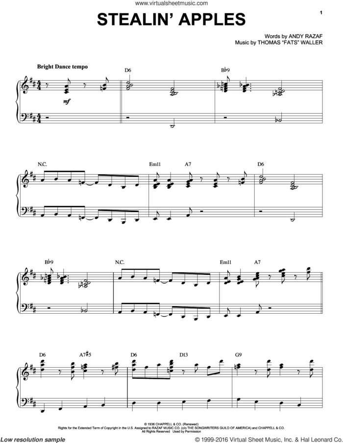 Stealin' Apples sheet music for piano solo by Benny Goodman, Andy Razaf and Thomas Waller, intermediate skill level