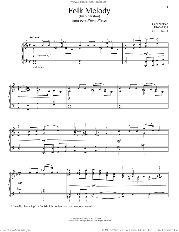 Folk Melody (Im Volkston) sheet music for piano solo by Carl Nielsen, classical score, intermediate skill level