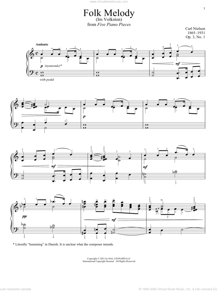 Folk Melody (Im Volkston) sheet music for piano solo by Carl Nielsen, classical score, intermediate skill level