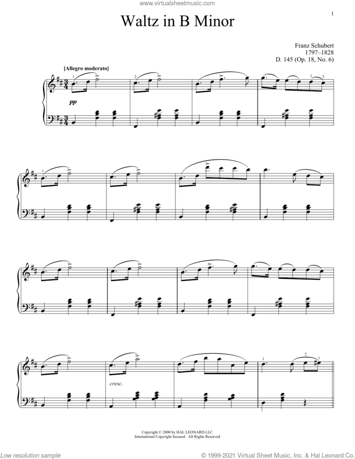 Waltz In B Minor, Op. 18, No. 6 sheet music for piano solo by Franz Schubert, classical score, intermediate skill level