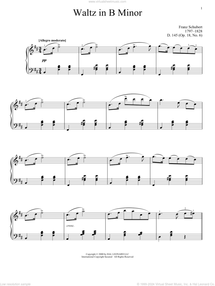 Waltz In B Minor, Op. 18, No. 6 sheet music for piano solo by Franz Schubert, classical score, intermediate skill level