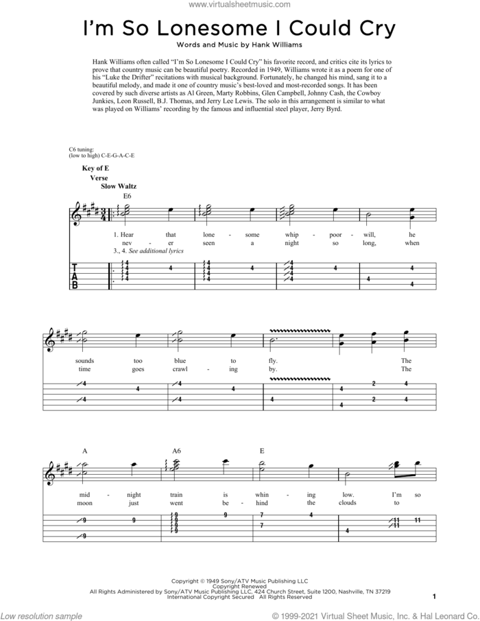 I'm So Lonesome I Could Cry sheet music for dobro solo by Hank Williams, Fred Sokolow and Elvis Presley, easy skill level