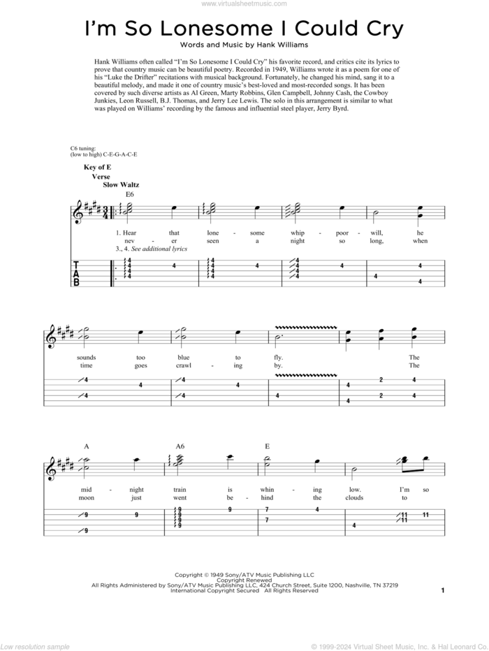 I'm So Lonesome I Could Cry sheet music for dobro solo by Hank Williams, Fred Sokolow and Elvis Presley, easy skill level