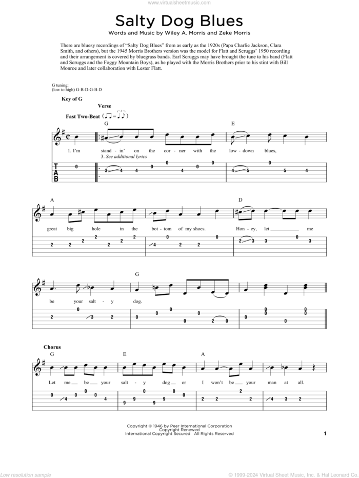 Salty Dog Blues sheet music for dobro solo by The Morris Brothers, Fred Sokolow, Wiley A. Morris and Zeke Morris, easy skill level