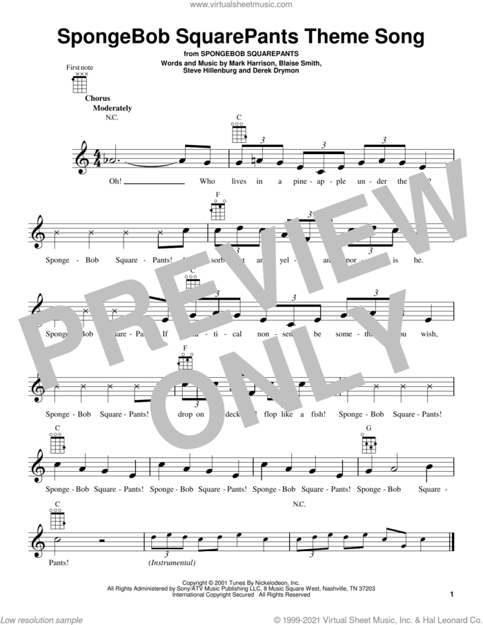 SpongeBob SquarePants Theme Song sheet music for ukulele (PDF)